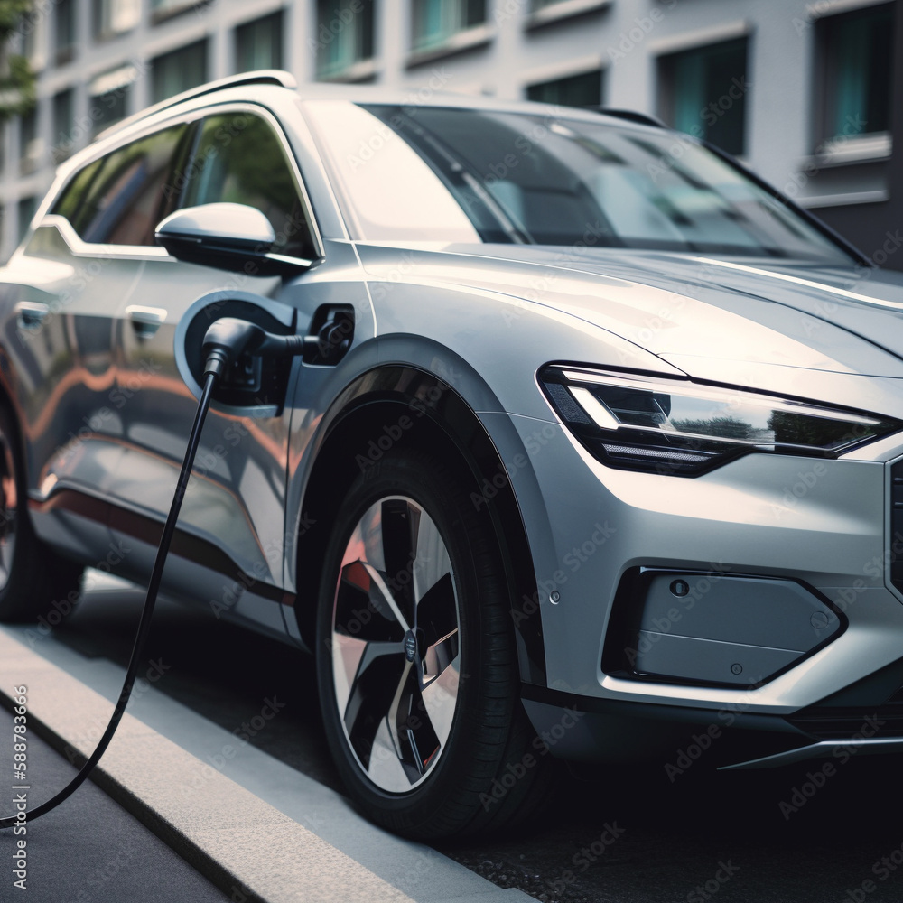 Electric vehicle (EV) connected to a charging station, representing the future of sustainable transportation. Ai generated Electric vehicle (EV) connected to a charging station, representing the future of sustainable transportation. Ai generated