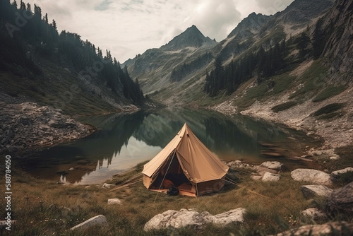 A tent in a beautiful mountain landscape  representing the joy and adventure of camping in the great outdoors. Ai generated