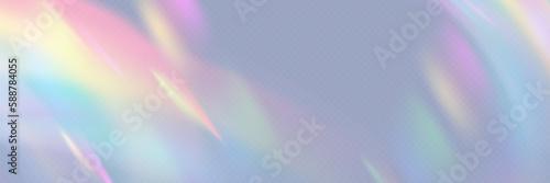 Rainbow colorful light prism effect, transparent background. Hologram reflection, crystal flare leak shadow overlay. Vector illustration of abstract blurred iridescent light backdrop.