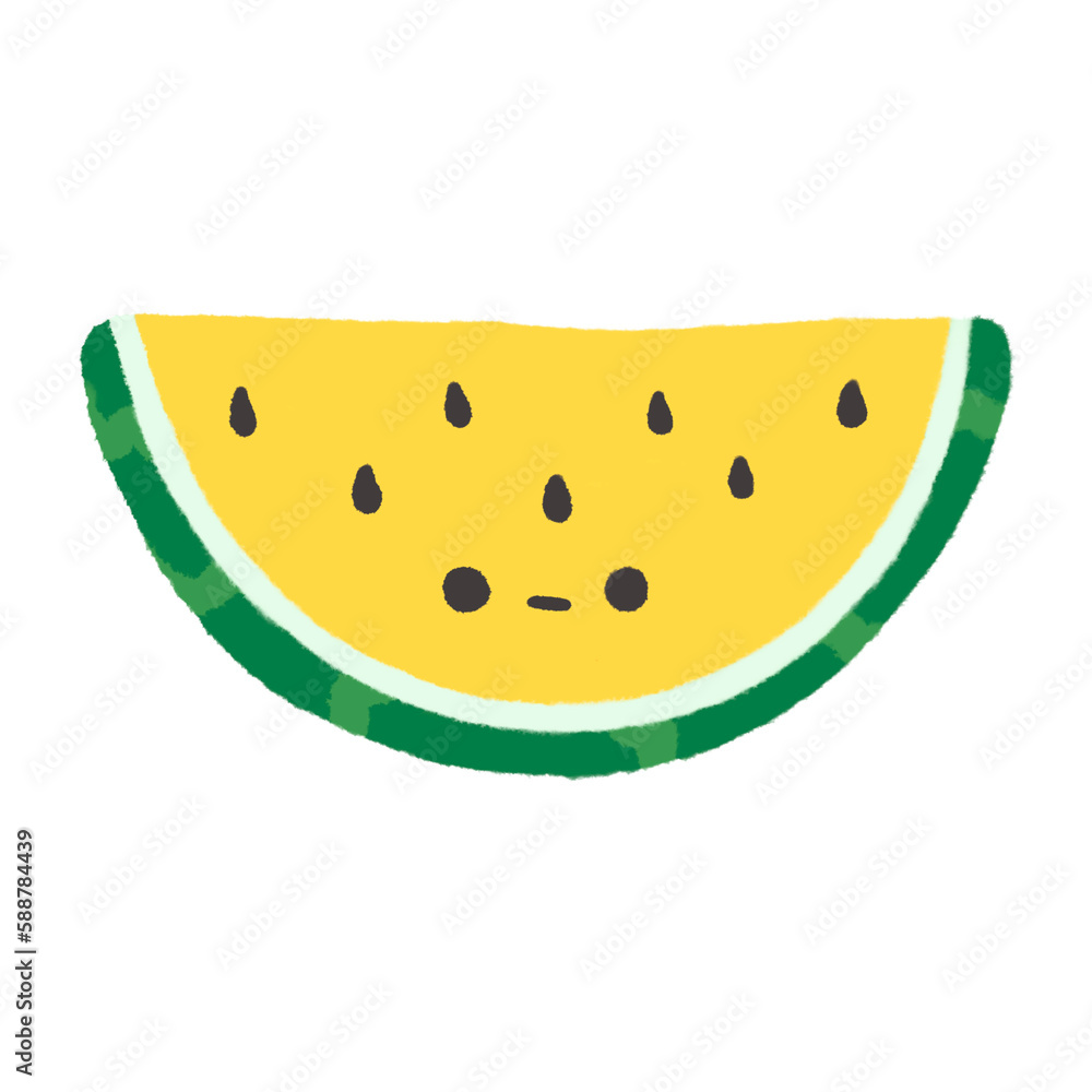 Hand-drawn Cute Yellow Watermelon, Cute fruit character design in doodle style