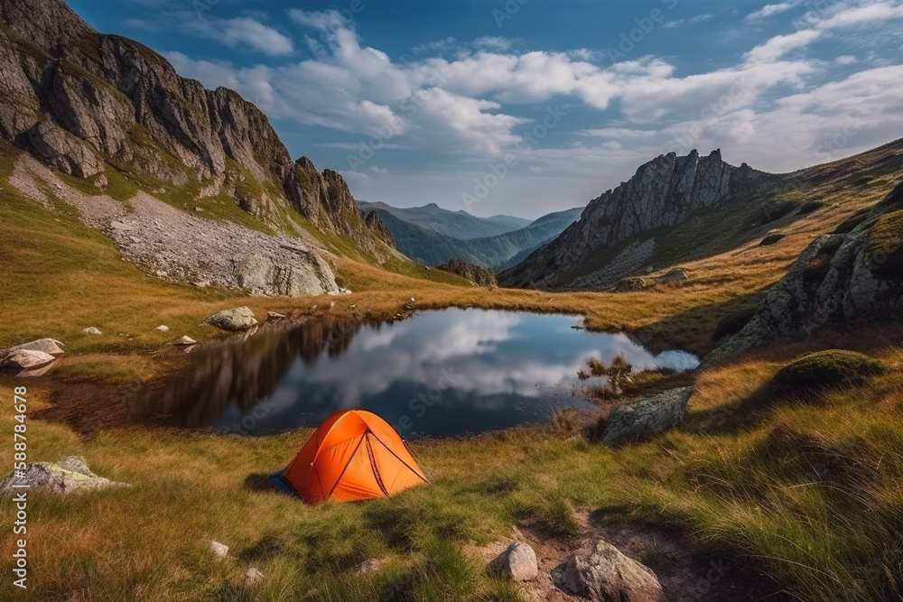 Orange tent next to a serene lake in a beautiful mountain landscape, representing the peace and tranquility of camping in nature.Ai generated Orange tent next to a serene lake in a beautiful mountain landscape, representing the peace and tranquility of camping in nature.Ai generated