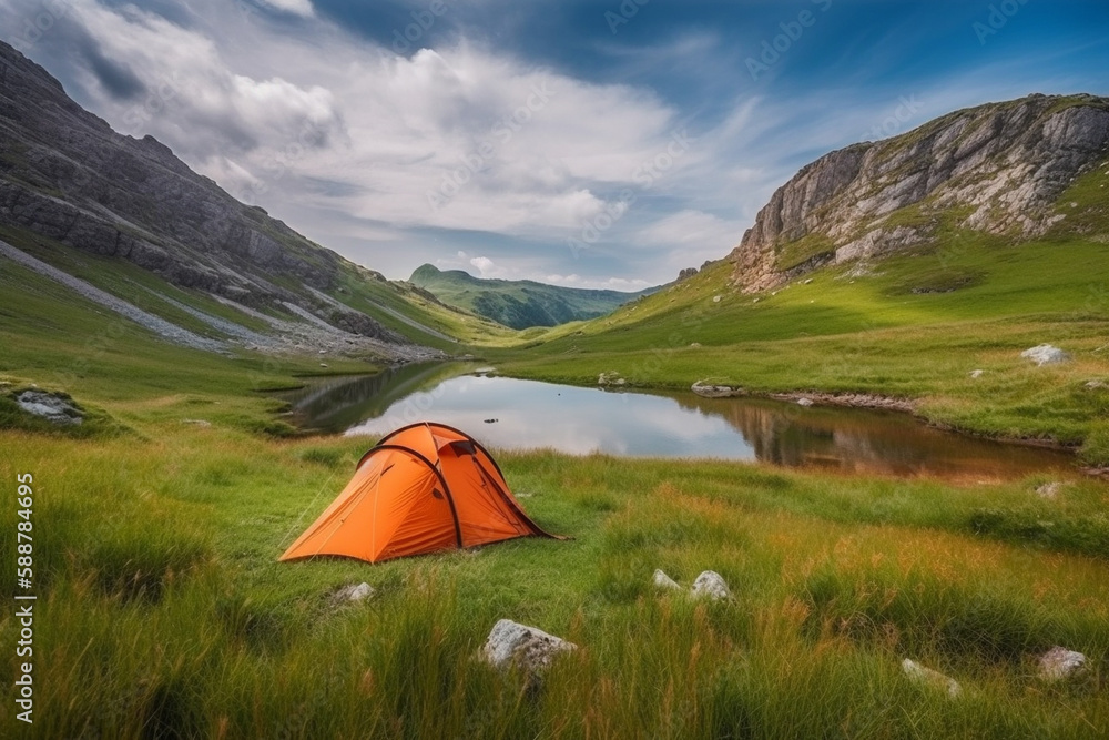 Orange tent next to a serene lake in a beautiful mountain landscape, representing the peace and tranquility of camping in nature.Ai generated
