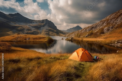 Orange tent next to a serene lake in a beautiful mountain landscape, representing the peace and tranquility of camping in nature.Ai generated