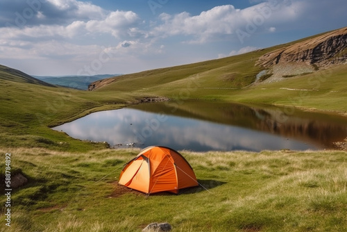 Orange tent next to a serene lake in a beautiful mountain landscape, representing the peace and tranquility of camping in nature.Ai generated