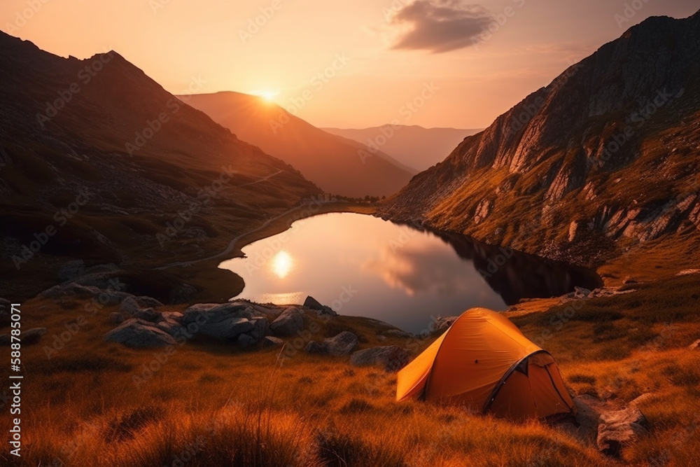 Orange tent next to a serene lake in a beautiful mountain landscape, representing the peace and tranquility of camping in nature.Ai generated Orange tent next to a serene lake in a beautiful mountain landscape, representing the peace and tranquility of camping in nature.Ai generated