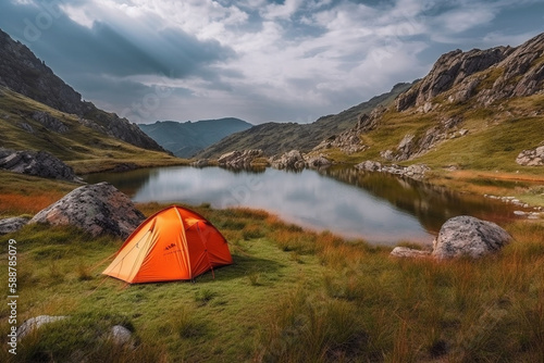 Orange tent next to a serene lake in a beautiful mountain landscape, representing the peace and tranquility of camping in nature.Ai generated