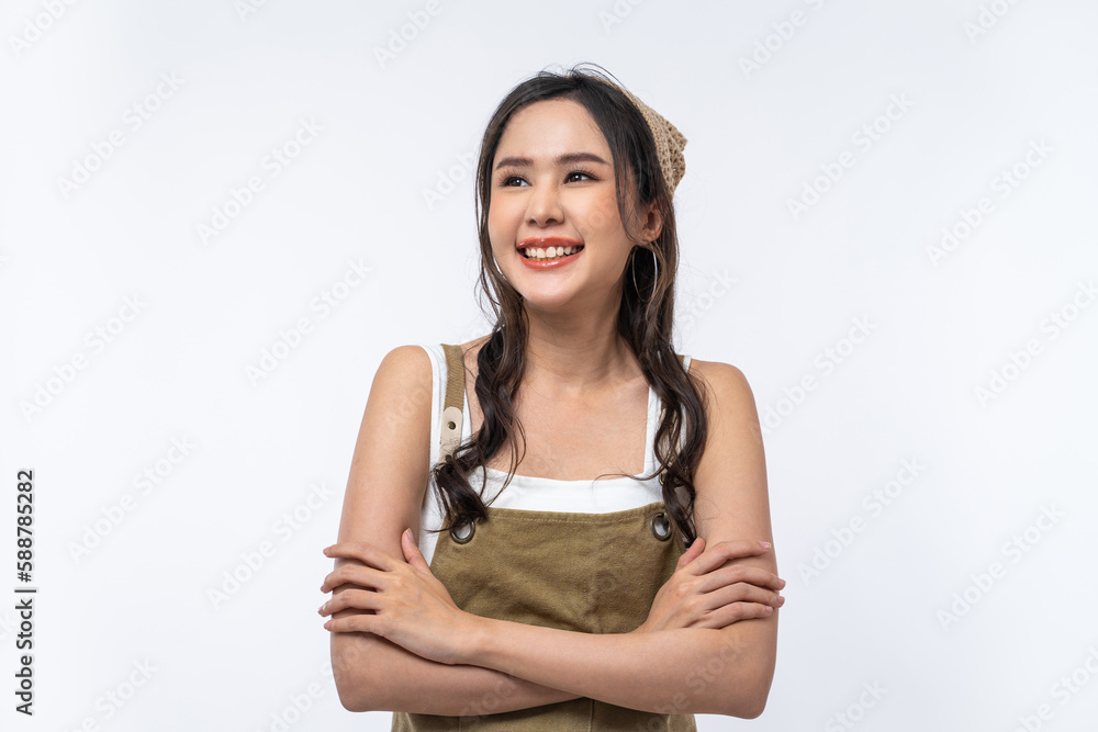 Happy Asian woman standing with arms crossed and feeling happy and cheerful isolated on white background. Happy Asian woman standing with arms crossed and feeling happy and cheerful isolated on white background.