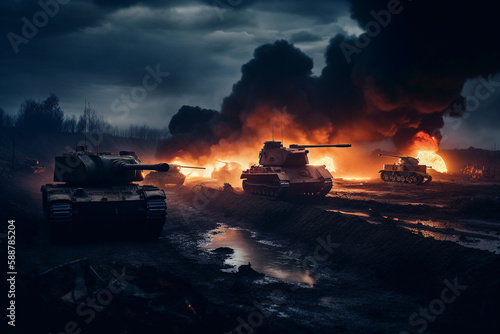 Tanks in a fierce battle with fire and smoke, representing the devastation and destruction of war. Ai generated