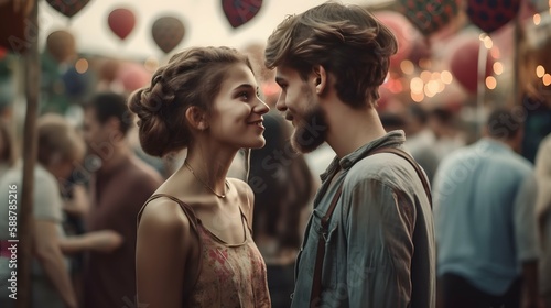Couple in love on a music festival, crowd in the background, kissing and hugging photo