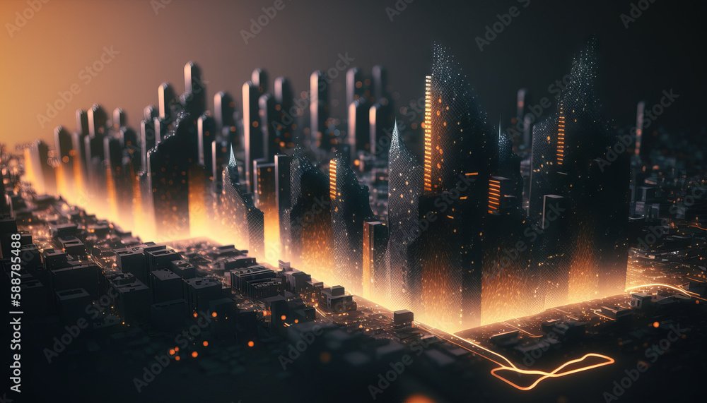 Modern cityscape with skyscrapers and glowing lights. Generative AI