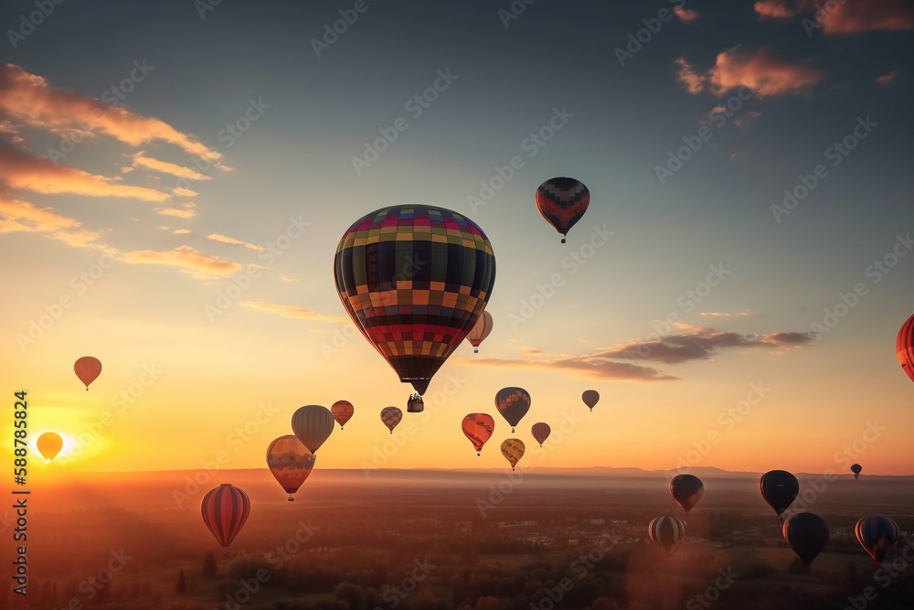 Obraz premium Hot air balloons floating in the sky at sunset, representing the beauty and wonder of air travel. AI GENERATED