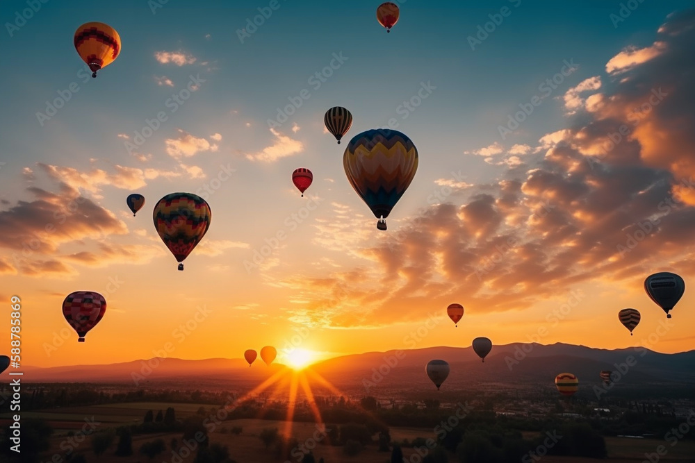 Obraz premium Hot air balloons floating in the sky at sunset, representing the beauty and wonder of air travel. AI GENERATED