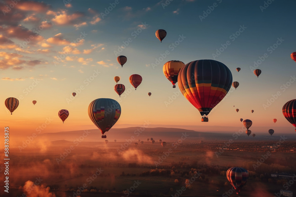 Hot air balloons floating in the sky at sunset, representing the beauty and wonder of air travel. AI GENERATED