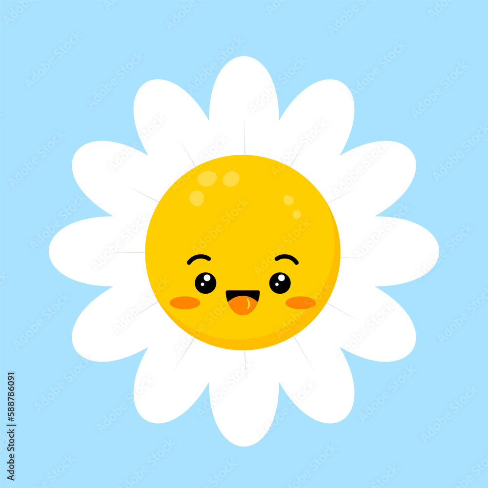 Daisy flower laughing face happy cute character. Chamomile fun emoji plant icon vector illustration. Kids camomile emoticon.