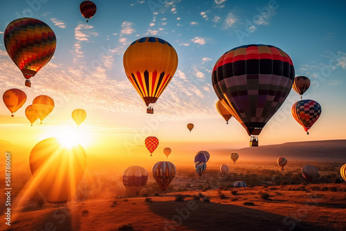 Hot air balloons floating in the sky at sunset, representing the beauty and wonder of air travel. AI GENERATED