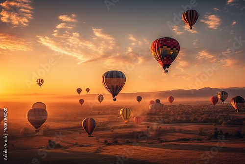 Hot air balloons floating in the sky at sunset, representing the beauty and wonder of air travel. AI GENERATED