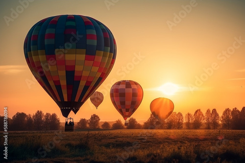 Hot air balloons floating in the sky at sunset  representing the beauty and wonder of air travel. AI GENERATED