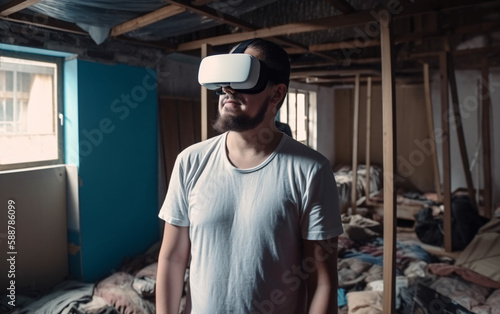 Happy man in virtual reality glasses in the slums and mess, escape from reality, virtual life concept. Generative AI