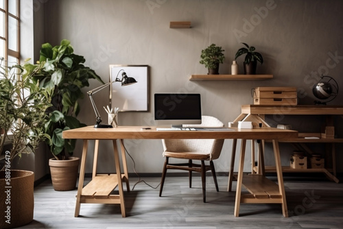 Modern workspace with minimalist aesthetics, representing a peaceful and organized work environment. Ai generated © twindesigner