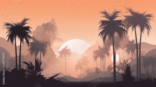 Sunset with palm trees, nature, beach, illustration, vector © Enea