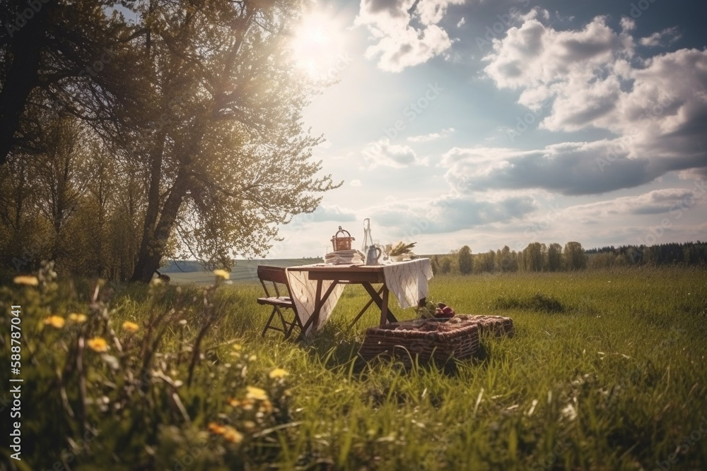 Lovely picnic setup in a spring nature landscape. Picnic in Nature on a sunny day. Ai generated Lovely picnic setup in a spring nature landscape. Picnic in Nature on a sunny day. Ai generated