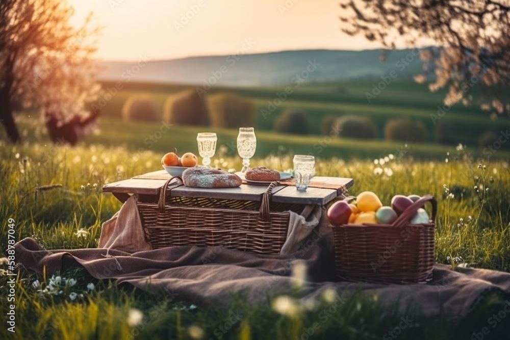 Lovely picnic setup in a spring nature landscape. Picnic in Nature on a