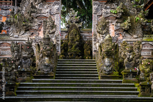 carved gate at balinese temple entrance, indonesia