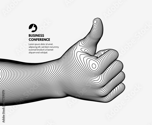 Business event invitation template. Thumbs up symbol. Hand show like or good. Approved. Sign success and nice. 3D vector for online courses, master class, seminar, presentation or webinar.
