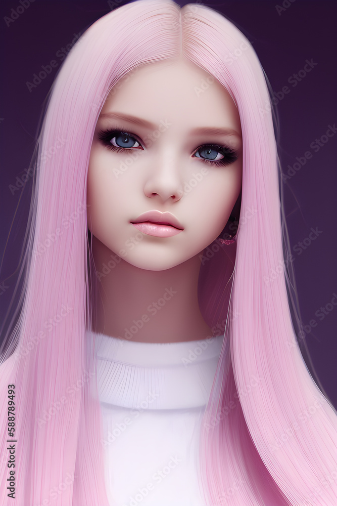 Teenage girl doll with long pink hair, Generative Ai. Teenage girl doll with long pink hair, Generative Ai.