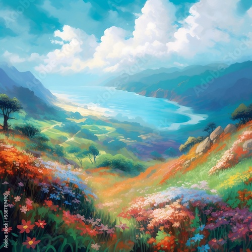 landscape with mountains and clouds Enchanting Flower Sea,Azure Sky,Cloudy Sky,Verdant Mountains, beautiful nature. Created using generative AI © 镇骏饶 李
