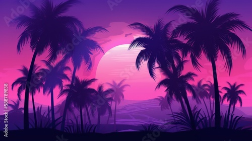 Sunset with palm trees  beach  nature  illustration  vector