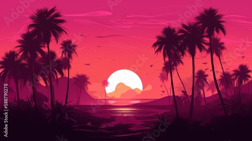 Sunset with palm trees  beach  nature  illustration  vector