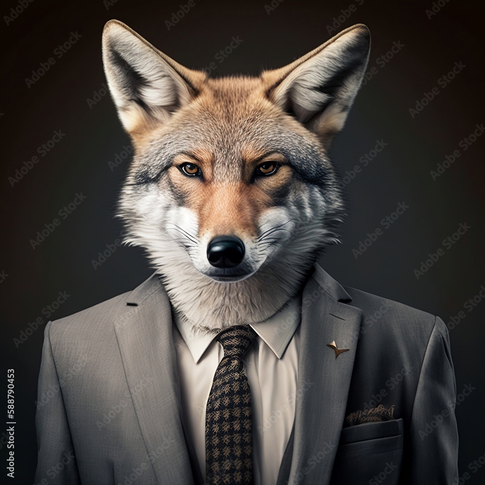 coyote in the bussiness suit profesional - obrazy, fototapety, plakaty 