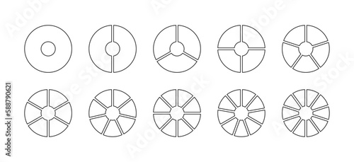 Circular structure chart. Outline circle section templates collection. Ring graph divided into pieces. Set schemes with sectors. Piechart with segments and slices. Vector illustration
