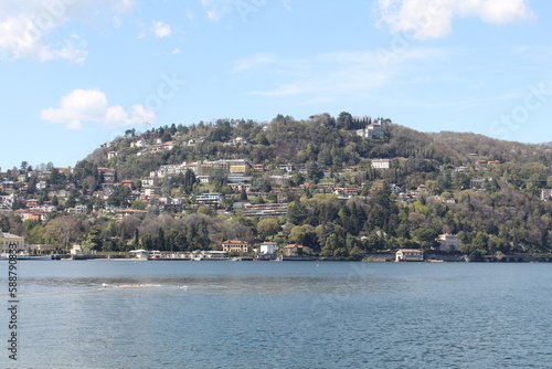 Panoramic photography of villages by lake Como. © Simone