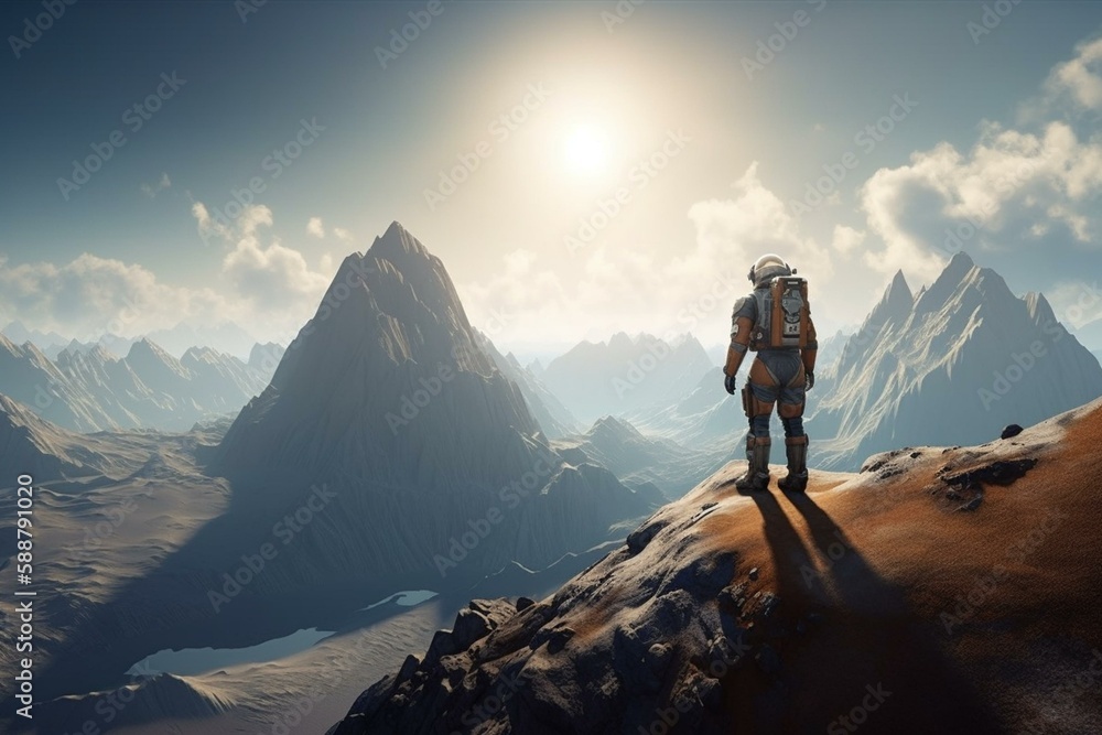 An astronaut standing on a mountain on a distant planet Generative AI