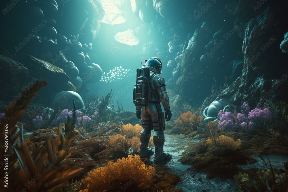 An astronaut standing on the surface of an alien planet, surrounded by strange plants Generative AI