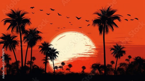 Sunset with palm trees  beach  nature  illustration  vector