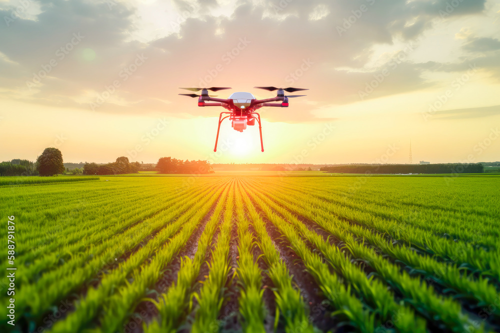 Drone flying over agricultural fields management for observation, growth check or fertilization. Agricultural and food engineering, agronomist innovation and crop technology concepts. Generative AI.. Drone flying over agricultural fields management for observation, growth check or fertilization. Agricultural and food engineering, agronomist innovation and crop technology concepts. Generative AI..