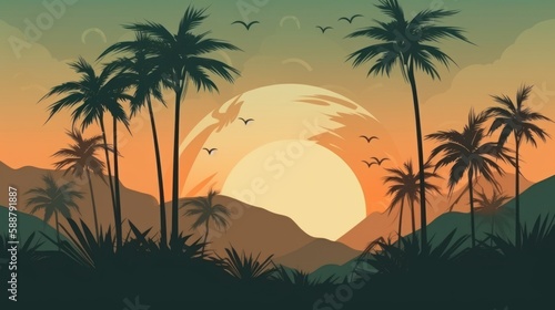 Sunset with palm trees  beach  nature  illustration  vector