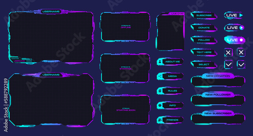 Game stream frames or panels. Futuristic frames for live gaming streamers. Glowing hud frames for streaming media or broadcasts. Sci Fi modern user interface elements. Vector illustration.