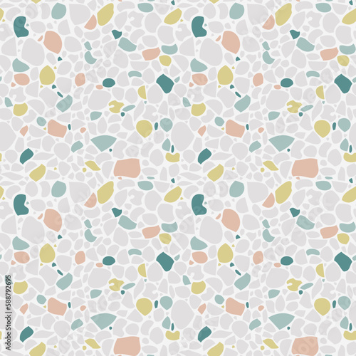 Cute terrazzo seamless pattern in natural pastel colors. Abstract mosaic stone texture background. Realistic modern terrazo minimalist art square backdrop. Colorful shards or sprinkles