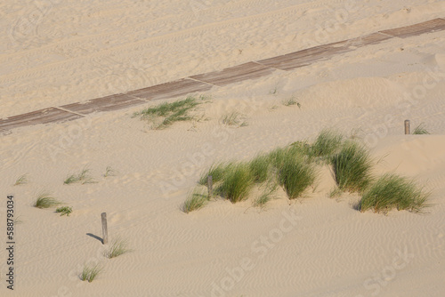 Plank footpath on the beach seen from above
