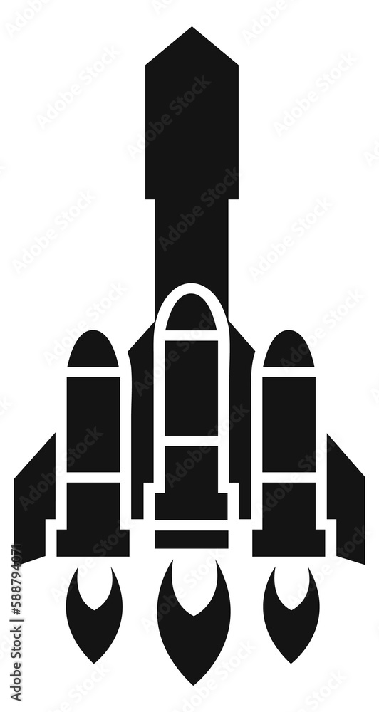 Space shuttle launch. Black rocket with fire. Spacecraft icon