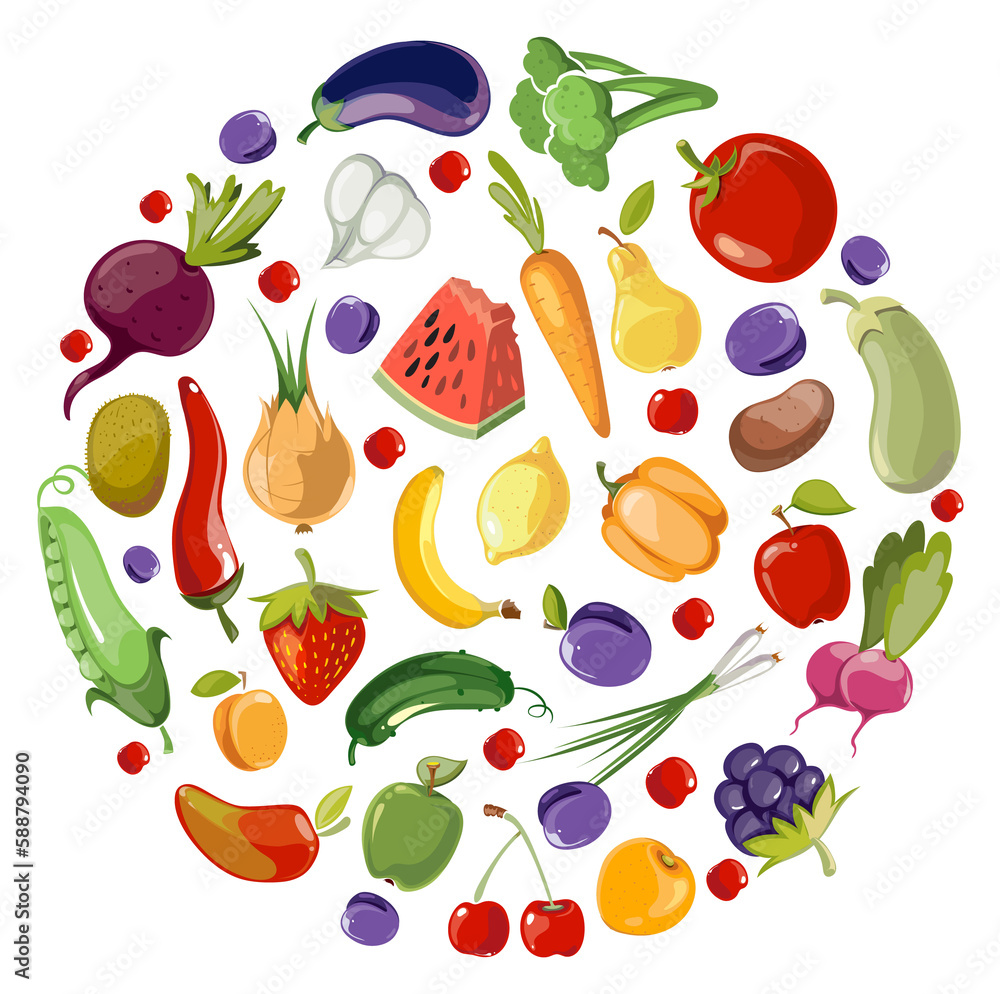 Obraz premium Fruit and vegetables circle. Round cartoon food pattern