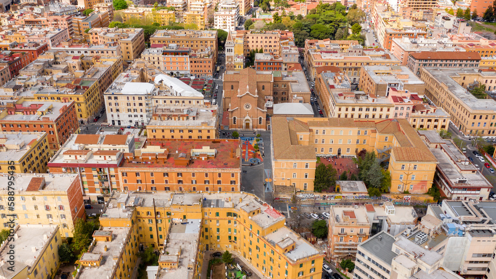Aerial view of the church of St. Mary Immaculate and St. John Berchmans in the Immaculate Square. It is a place of Catholic worship located in the San Lorenzo district, Rome, Italy.