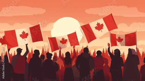July 1st - Happy Canada day illustration of People with Canada flag, Generative ai