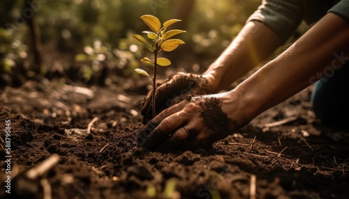 A person planting trees or flowers, contributing to the global effort to reforest and restore natural habitats. Generative AI