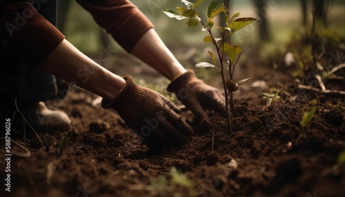 A person planting trees or flowers, contributing to the global effort to reforest and restore natural habitats. Generative AI