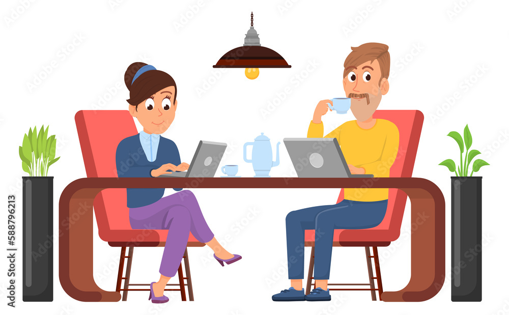 Man and woman working on laptop in cafe. Couple drink coffee Man and woman working on laptop in cafe. Couple drink coffee